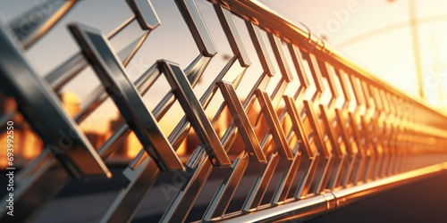 A close-up view of a metal railing with a beautiful sunset in the background. Perfect for adding a touch of elegance and tranquility to any design project
