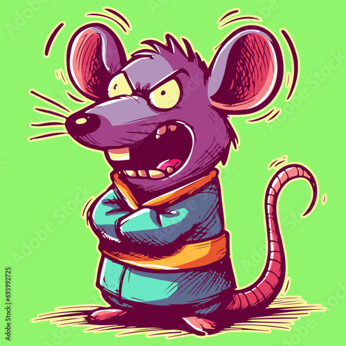 Cartoon doodle of an insane and mad rat screaming in a straitjacket. Anthropomorphic psychotic mouse being crazy
