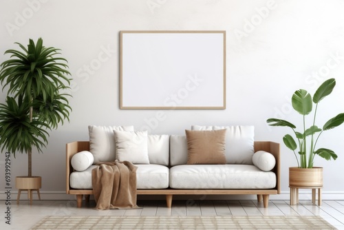 A cozy living room with a comfortable couch and a vibrant potted plant. Perfect for home decor and interior design projects