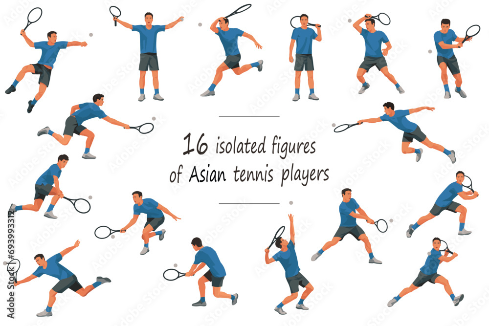 16 figures of Japanese tennis players in blue T-shirts serving, receiving, hitting the ball, standing, jumping and running