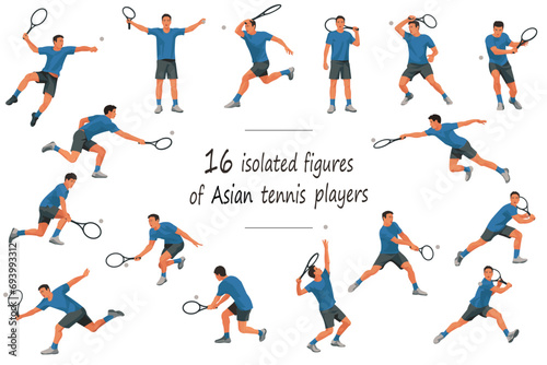 16 figures of Japanese tennis players in blue T-shirts serving  receiving  hitting the ball  standing  jumping and running