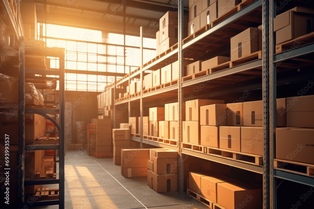 A large warehouse filled with boxes. Perfect for illustrating storage, logistics, or inventory management concepts A large warehouse filled with boxes. Perfect for illustrating storage, logistics, or inventory management concepts