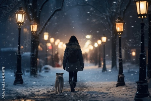 A woman is pictured walking her dog in the snow. This image can be used to depict winter activities or the bond between a pet and its owner photo