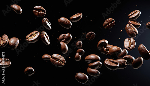 Falling Coffee Beans on Black Background Close up Shot