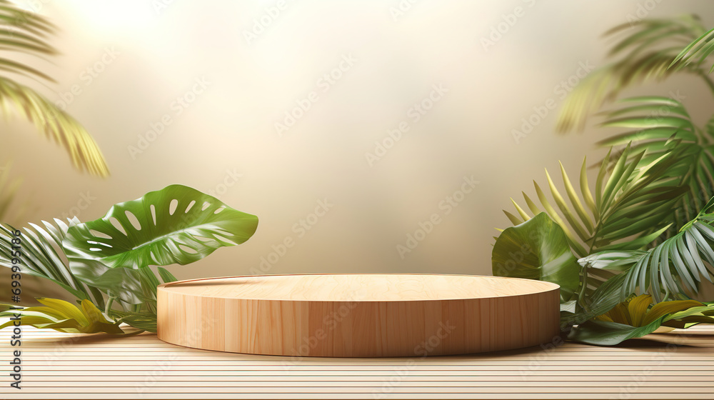 Wooden Podium With Tropical Plants Leaf. Generative Ai