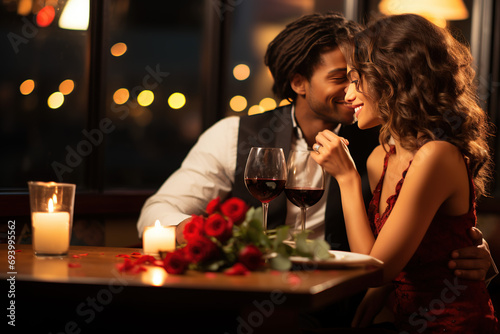 couple in love with wine, candles, hearts and lights, enjoying time together smiling during valentine