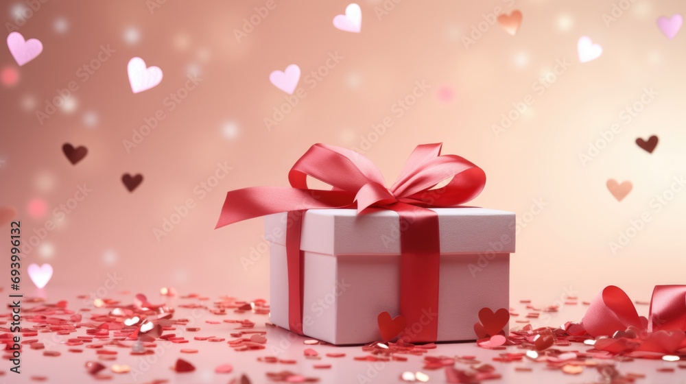Gift box tied with a ribbon, surrounded by small hearts and a bokeh light effect on a pink background, suggesting a romantic occasion like Valentine's Day.