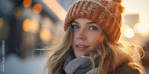 A woman wearing a warm knit hat and cozy scarf. Perfect for winter fashion or cold weather concepts