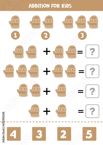 Addition for kids with cute cartoon gingerbread mitten.