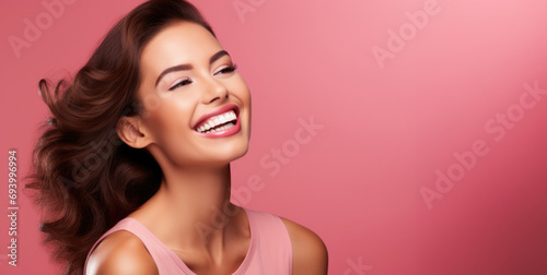Brunette girl, model laughing on pink background banner with space for your text