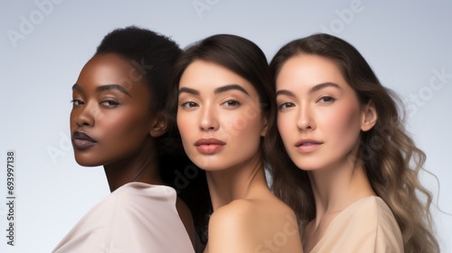Three woman profiles with different skin types and colors