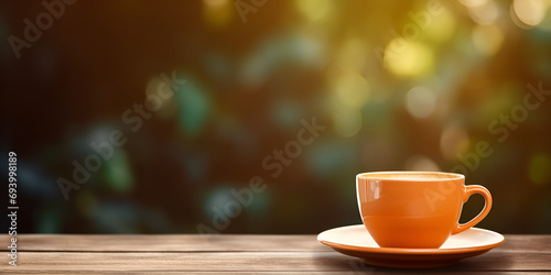 coffee cup on the table, sunrise, mountains, hd wallpaper, Cup of coffee on the wooden table near the river, Yummy Coffee Adventure Blue Cup on Wood Table in Cool Cafe, generative AI