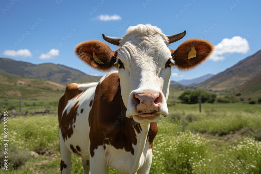 Cute cow grazing on green grass in a mountain valley
