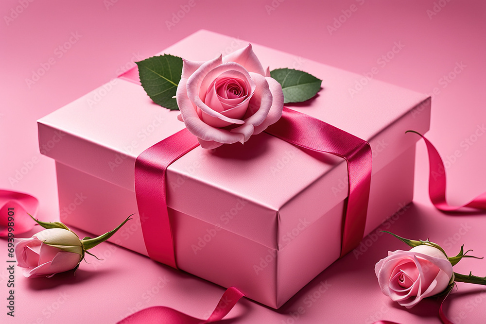 Pink gift box with pink roses on pink background. Valentines day concept.