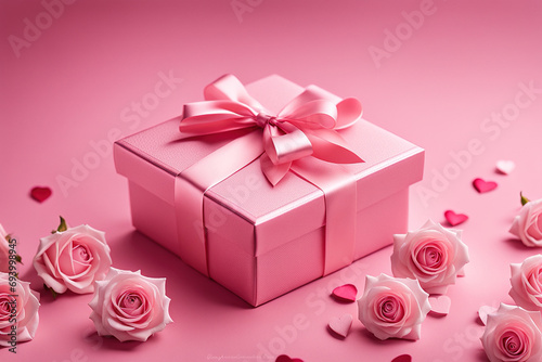 Pink gift box with pink roses on pink background. Valentines day concept. © Cheetose