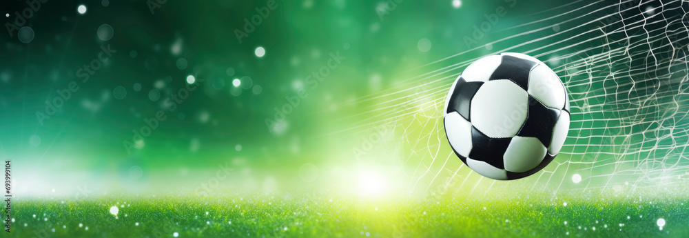 Football ball on grass and goal net background, panorama with space for your text
