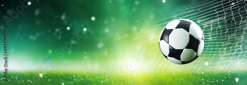 Football ball on grass and goal net background  panorama with space for your text