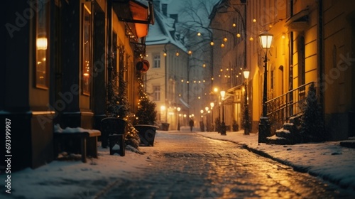 A snowy street illuminated by street lights. Perfect for winter-themed designs and holiday projects