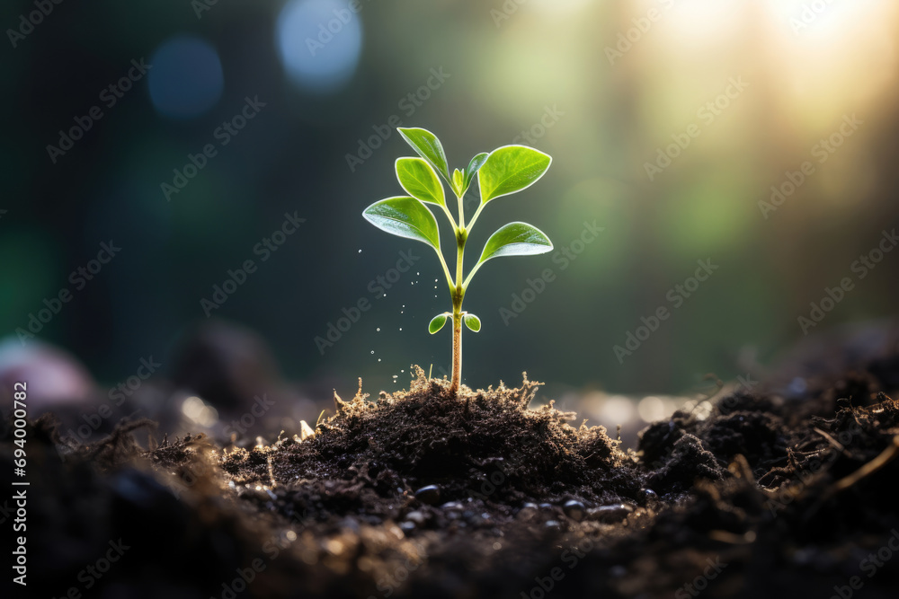 Fototapeta premium Young sprout of a plant in the sun rays
