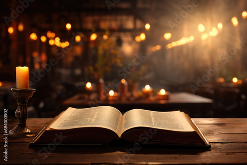 Open old bible in candlelight in church photo