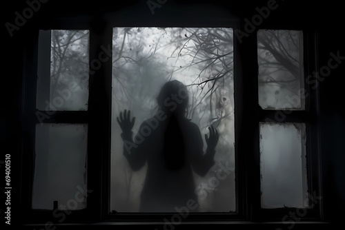 Against the opaque veil of a foggy window, an eerie silhouette emerges, casting an unsettling presence as the obscured figure, shrouded in mystery, hints at a haunting and enigmatic narrative