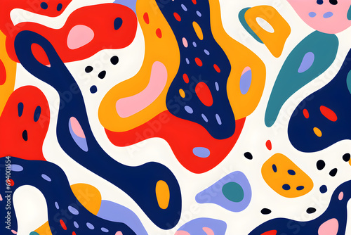 Colourful abstract organic shape print pattern illustration in retro style. Trendy primary colour background with creative drawing