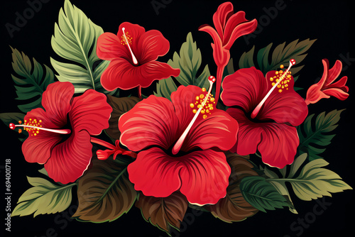 Red hibiscus flowers on black background. illustration.