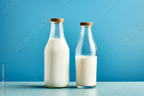 Bottles of milk on blue background. Healthy food concept. Copy space.