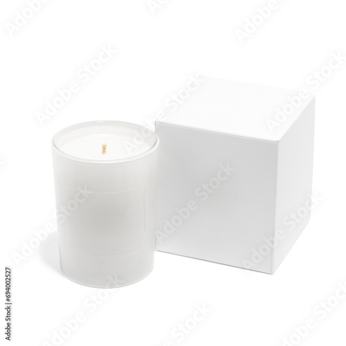 White Candle and box with blank label isolated on white background © Deidre