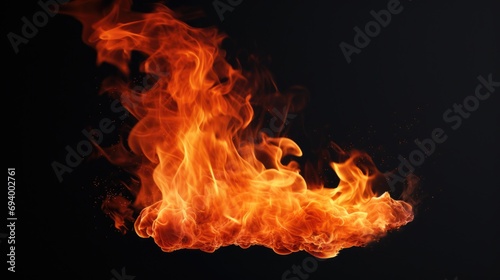 Close-up view of a vibrant fire burning on a black background. Suitable for various uses