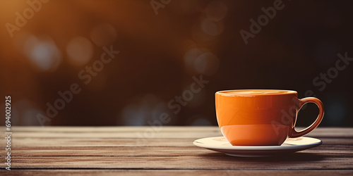 Coffee cup close up in full sunshine on a table morning coffee in a white cup with steam, Office desk table with supplies, coffee cup and flower, generative AI 