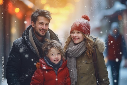 A picture of a man, woman, and child standing together in a snowy landscape. Suitable for family-themed projects and winter-related content