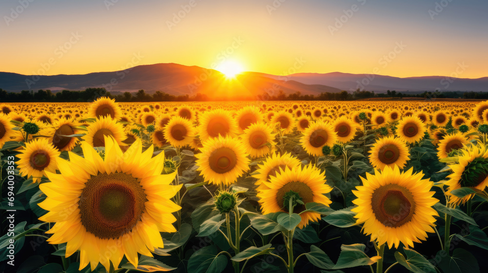 Field of sunflowers in full bloom, bathed in the warm glow of a setting sun