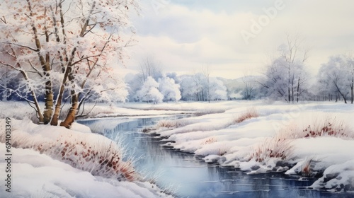 A painting depicting a serene river flowing through a snowy landscape. This picture captures the beauty and tranquility of winter. Perfect for use in nature-themed designs and seasonal projects