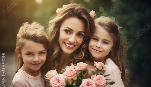 Mom with children and a bouquet of roses.