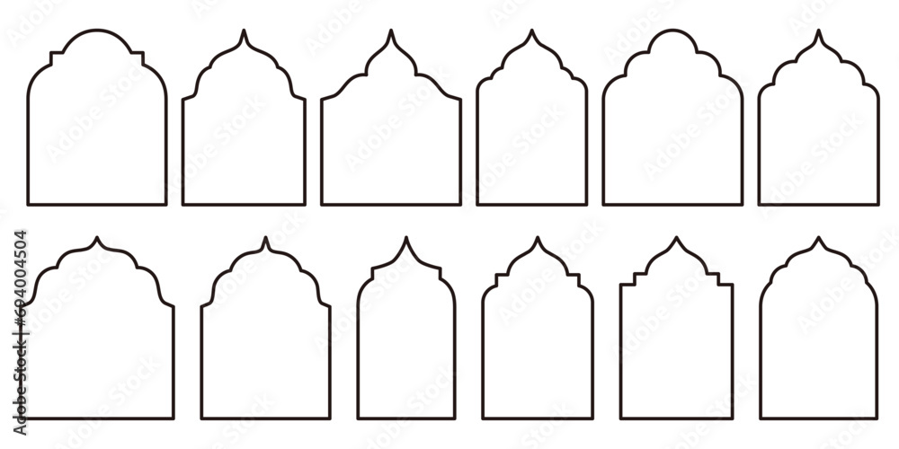 Naklejka premium Collection of Oriental Style Islamic Ramadan Kareem and Eid Mubarak Windows and Arches. Modern Design Elements Include Doors, Mosque Domes, and Lanterns in outline style
