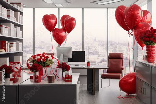 Modern office for Valentine's Day decorated with red heart-shaped balloons.