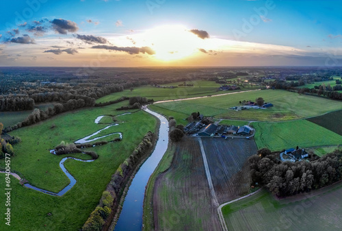 Aerial photo of the Berkel river in Gelderland province of the Netherlands during sunset in November
