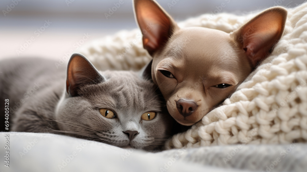Small Chihuahua dog and a tabby kitten snuggled together under a knit blanket