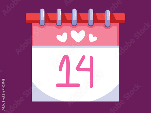 Valentines day date calendar page number 14 with heart decorations vector illustration isolated on horizontal background. Simple flat cartoon art styled valentines day themed drawing.