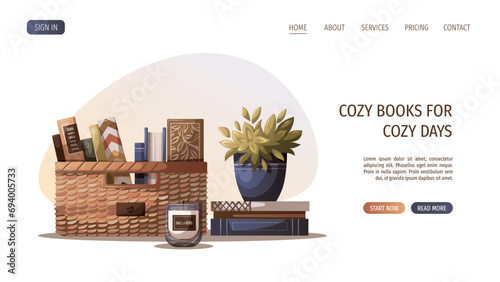 Web page design with basket with books, houseplant, candle. Bookstore, bookshop, book lover, reading, interior, library concept. Vector illustration for website, banner, poster.