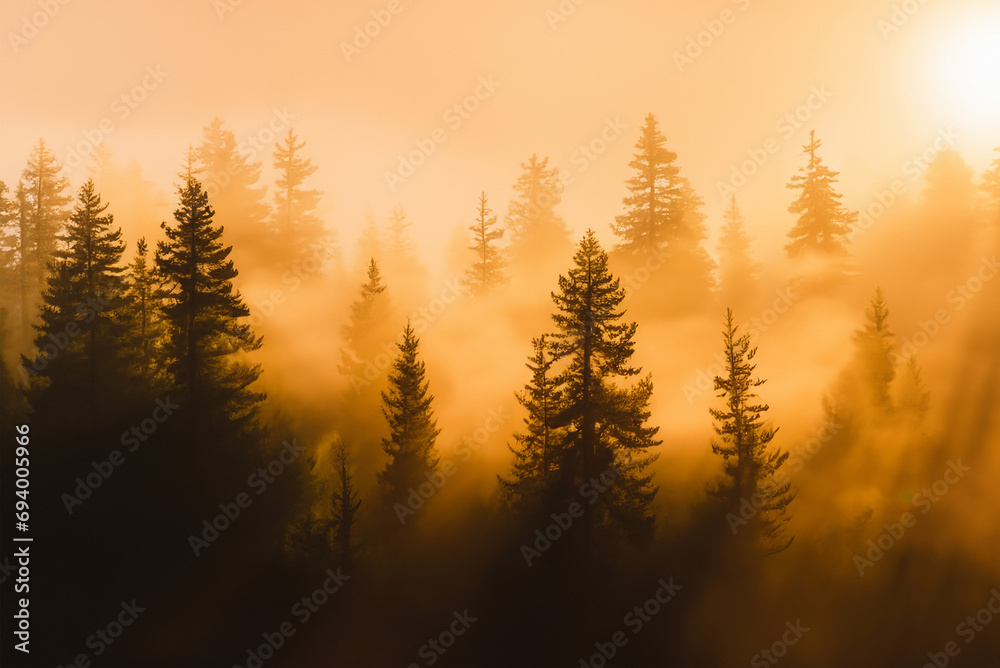 The forest is bathed in the soft, golden glow of sunrise. The trees stand tall, their silhouettes etched against the vibrant sky. The scene is serene. - obrazy, fototapety, plakaty 