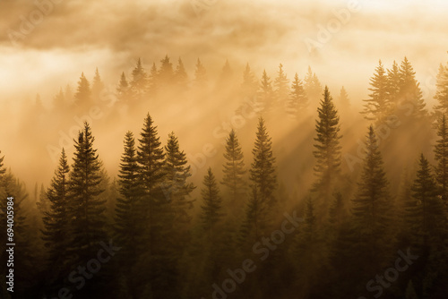 As the sun rises, casting a warm glow over the horizon, a misty forest comes to life. Silhouettes of pine trees emerge from the ethereal haze, creating a serene. © Robert Kiyosaki