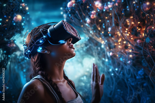 Girl in virtual glasses on a futuristic background.
