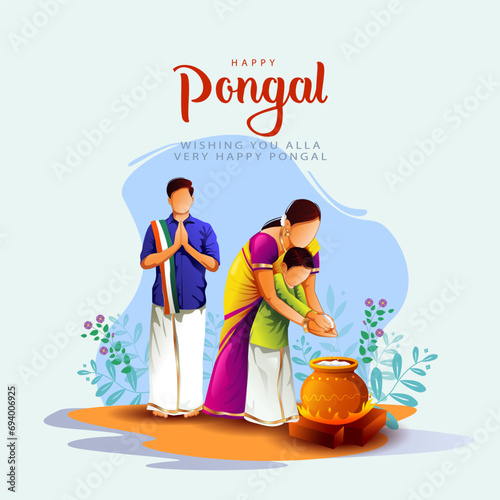 new illustration of Happy Pongal Holiday Harvest Festival concept of Tamil Nadu family making Pongal. abstract vector background design