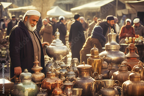 A merchant selling vintage metal pots in a Middle East market photo