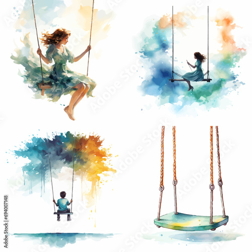 child, swing, illustration, vector, silhouette, sky, fun, sport, cartoon, boy, summer, woman, people, swinging, kite, holiday, surf, kid, art, surfer, fishing, person