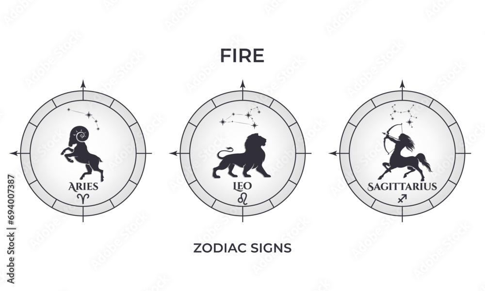 Naklejka premium fire zodiac signs. aries, leo and sagittarius. astrology and horoscope symbols.