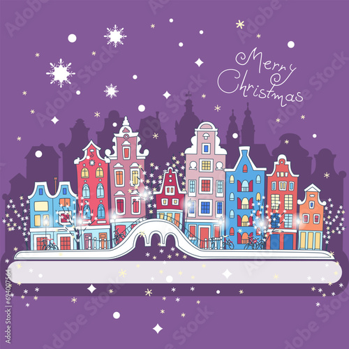 Christmas night city with traditional european houses and Christmas lights, banner 3