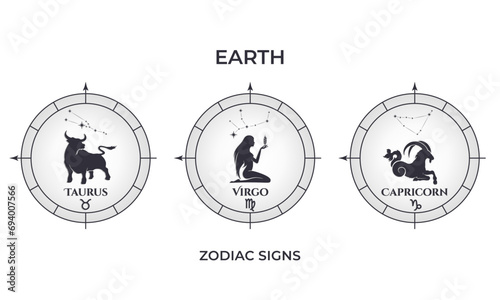 earth zodiac signs. taurus, virgo and capricorn. astrology and horoscope symbol